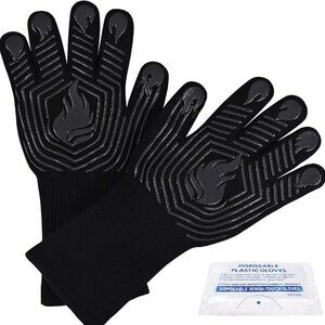 BBQ Gloves, 1472°F Heat Resistant Fireproof Mitts, Silicone Non-Slip Bl or Re